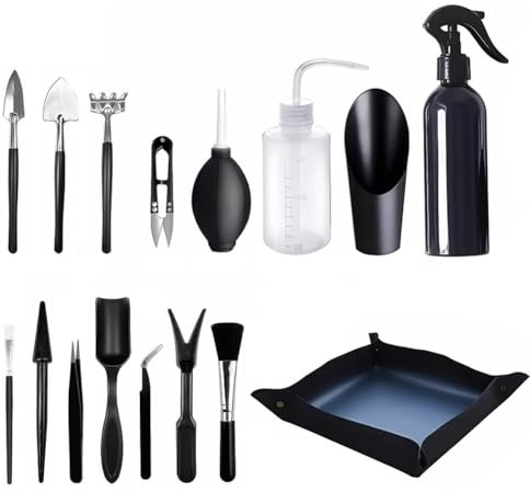 Juego de 16 herramientas para bonsái con alfombrilla impermeable para macetas, kit de iniciación de bonsái, kit de iniciación de bonsái, mini herramientas de jardinería para jardinería
