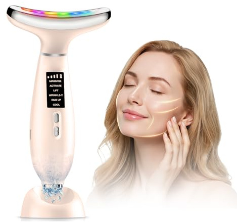 Massaggiatore Viso, Dispositivo EMS Viso Anti-Rughe, Face Massager con Raffreddamento 5°C e Calore 45°C, 6 Modalità, Terapia LED a 7 Colori, Dispositivo Lifting per Rassodare Viso e Collo – Rosa