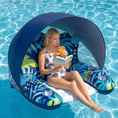 Canotto Gonfiabile, Shyllin Materassino Con Parasole, Piscina Gonfiabile Adulti, Divano, Lettino Mare, Poltrona, Tanning Pool, Sedia Mare, per la Lettura Estiva e le Feste in Acqua（Blu）
