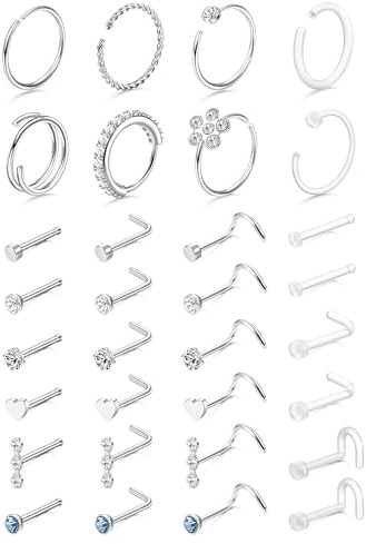 Diamday 32 st näsring för kvinnor män silver guld näsringar allergivänliga kirurgiska stålhållare klar L-form/rak/korkskruv näsa dubbar ringar näsborre piercing helix tragus öra kroppssmycken
