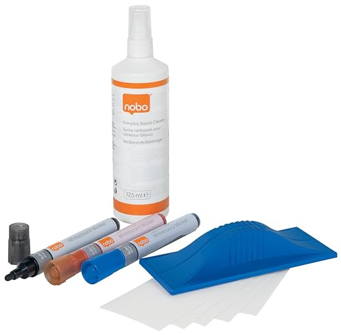 Nobo, Starter Kit completo di accessori per lavagne bianche, Set pennarelli cancellabili con spray panno e cancellino a secco per lavagna, Ricambi per lavagna e cancellino, Multicolore, 34438861