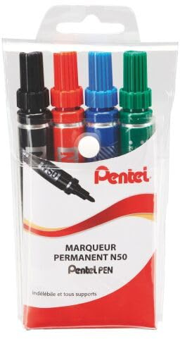 Pentel Pen N50 Pochette de 4 Marqueurs permanents pointe conique moyenne, Noir, Rouge, Bleu, Vert