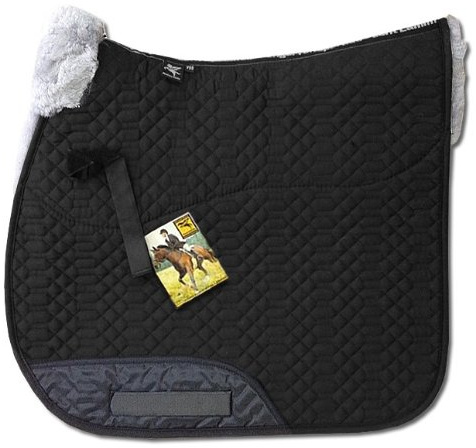 Engel Reitsport SCHABRA1-VSS-SCH-SIL Tapis de Selle matelassé en Peau d'agneau au Niveau de la Selle Demi-Doublure Couronne de Fourrure à l'avant Polyvalence Tissu Noir Fourrure argentée