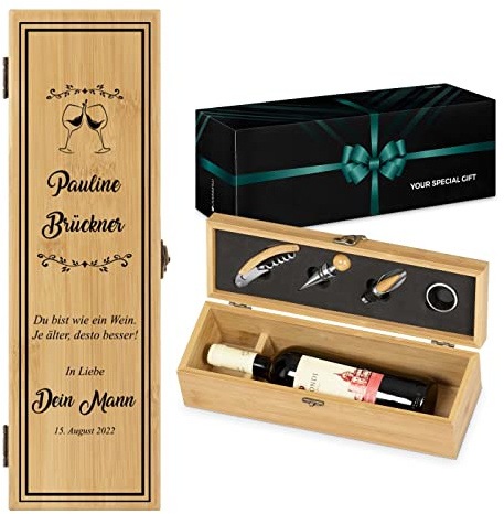 Maverton Weinbox für 0,7L Weinflasche - Wein Holzbox personalisiert + 4er Weinzubehör - Weinset Weinkiste - aus Bambus - Braun - Geschenk zum Geburtstag für Frauen - Weingläser