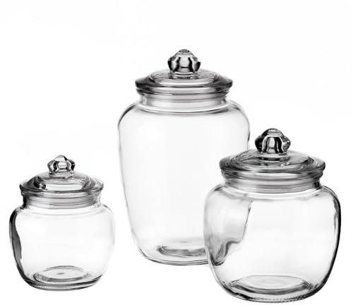 LOLAhome - Set de 3 Botes Bombonera de Cristal Transparente con Tapa Hermética para Alimentos - Capacidades: 2500ml, 1500ml, 650ml - Aptos para Lavavajillas