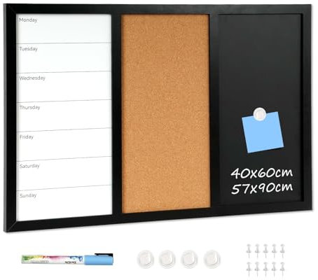 DOLLAR BOSS Kombitafel Pinnwand Magnettafel Whiteboard 45×60cm Kreidetafel, Magnetische Kreidetafel Kork Pinnwand Magnetisch, Schwarz Memoboard Küche Weekly Planner mit Stecknadeln Magneten und Marker