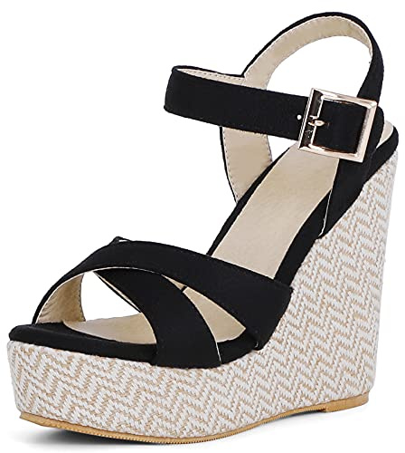 Gicoiz Mode Espadrille Femmes Bout Ouvert Plateforme Compensées Sandales Talons Hauts Décontractée Peep Toe Classique Boucle Bride Cheville Eté Escarpin Noir Taille 37 EU-38Cn
