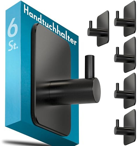 Menz 6 Pièces Crochet Adhesif Mural Noir - Porte Serviette Salle de Bain Imperméable, Portemanteau Autocollant Acier Inox, Accroche Pour Torchon de Cuisine