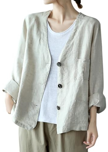 IDEALSANXUN Linen Blazer Women Casual Oversized Spring Jackets for Women 2025 Button Down Lightweight Summer Clothes Tops Cardigan Coat, Beige, M