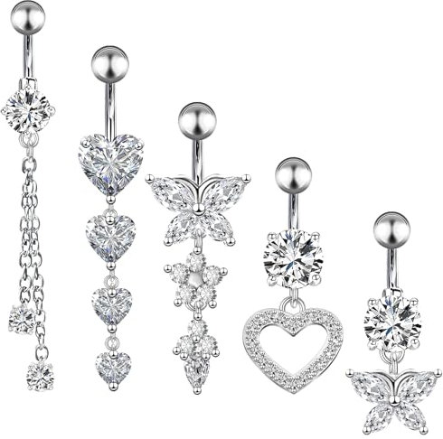 Halinuia 5Pcs 14G Piercing Nombril Acier Chirurgical, Bijoux Femme Argent CZ Boule Piercing Ventre, Anneaux de Nombril Coeur Papillon Fleur Strass Pendentif bijoux Piercing pour femme