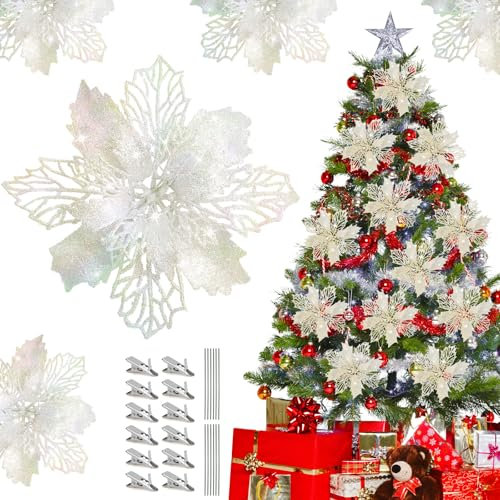 12 Pcs Christmas Flowers Large (16Cm) Glitter Poinsettia 6.2Artificial Flowers,Silver White Christmas Tree Flowers Decorations with Clips Stems for Wedding Christmas Tree Hanging Party Xmas Decor