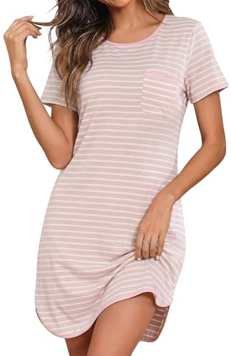 Demegimi Camison Mujer Dormir Algodon Camiseta de Dormir Rayada de Manga Corta para Verano