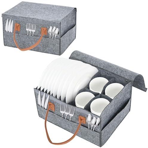 awagas Caravan Plate Holders Felt, Plate Cup Storage Box with Dividers and Side Pockets,Camping Dinnerware Storage Bag with Lid and Handles for Motorhome Caravans Picnics Kitchen Dinners Celebrations