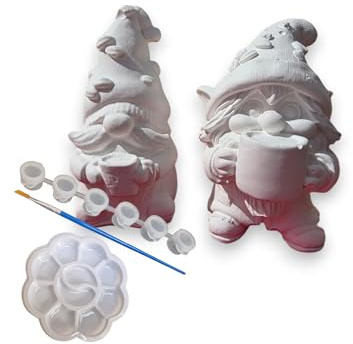 Paint Your Own Pottery Gnome Set, 2 Plaster Gnomes 9.3 cm, 6 Acrylic Colours with Brush, DIY Craft Kit. Ready to Paint Pottery, Coffee Gnomes, Fairy Gnome Statues, Coffee Lover Gifts