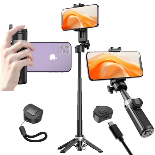 Mini Selfie Stick Tripod， 4-in-1 Desktop Phone Tripod Stand with Detachable Wireless Remote for iPhone Samsung Portable Extendable Smartphone Selfie Stick for Travel,Content Creation,Vlog- Black