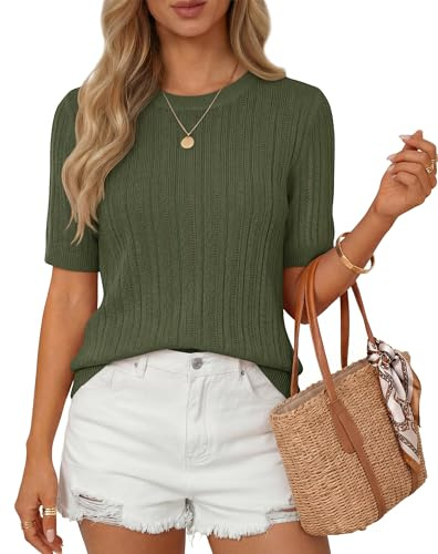ZESICA Womens Summer Short Sleeve Knit Tops 2026 Crewneck Crochet Sweater Tops for Women Casual Trendy Tunic Blouses Army Green Small