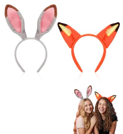 LEEQ 2 Piezas Diadema con orejas de conejo, diadema con orejas de zorro,con de conejo y zorro, disfraz, disfraz de Pascua, carnaval, fiestas infantiles, cosplay