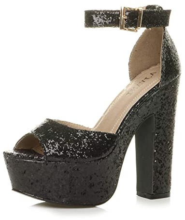 AJVANI high Heel Platform Ankle Strap peep Toe Shoes Sandals Size 4 37 Black Glitter