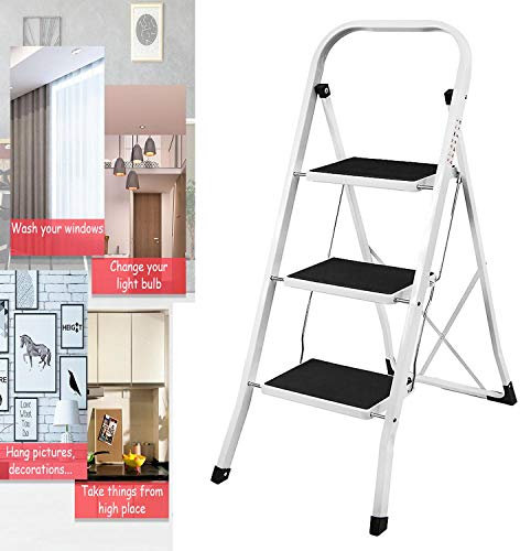3 Step Ladder, Heavy Duty Steel, Folding, Portable Kitchen Stool With Anti-Slip Mat, Ideal for Home/Kitchen/Garage/Office/Market/Garden Black