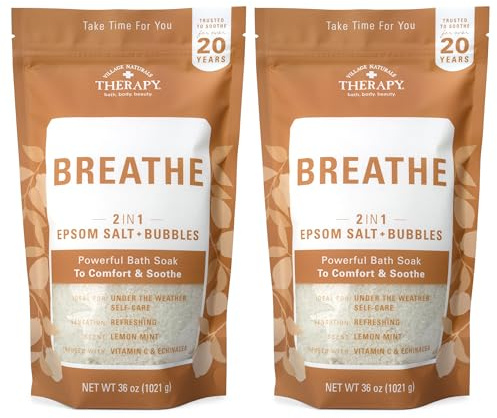 Village Naturals Breathe Foaming Body Soak, Epsom Salt, Essential Oils, Soothing Bubbles, Sea Salt 36 oz, Pack of 2