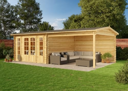 Alpholz Gartenhaus Freiburg-44 aus imprägniertem (Pinie) Holz 755 x 399 cm mit 44 mm Wandstärke, Terrasse und Doppeltür