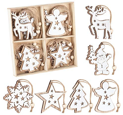 Adorfine 12 Stück Holz Christbaumschmuck Doppelschicht Weihnachtsanhänger Christbaumanhänger Holz Weihnachtsbaumschmuck Anhänger für Weihnachtskalender Verzierung Deko（Weiße）