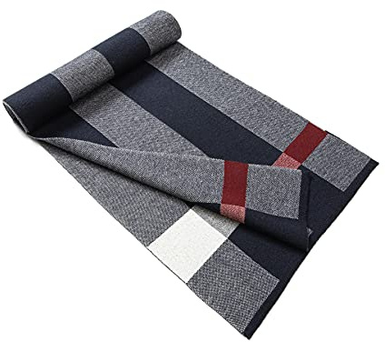 Lindoro Merino Wool Scarf for Men, Tartan Warm Lightweight Plaid Winter Long Scarves w/Gift Box (Navy & White)