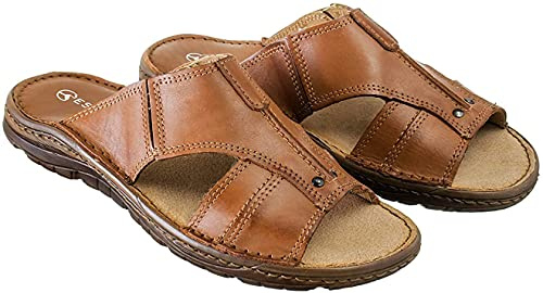 ESTRO Sandalen Herren Sommer Leder - Echtleder Sommerschuhe Herren Schlappen Männer mit Rutschfeste Gummisohle s1 (41, Rostbraun)