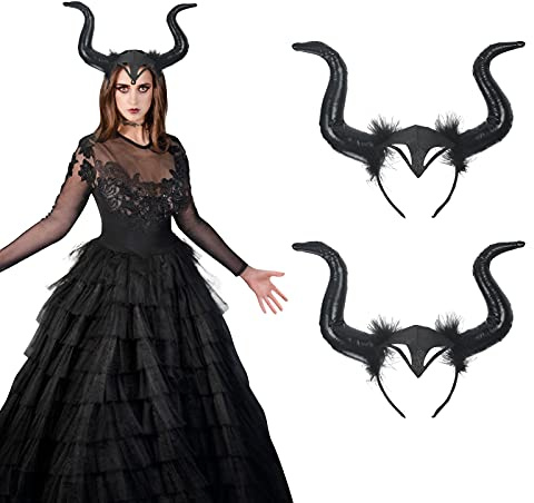 FLOTRUTE Costume d'Halloween pour femme Serre-tête Cornes Luxe Halloween noir gothique cornes Déguisement Halloween Evil Queen Casquette de sorcière en latex,2 Pcs Démon Serre-tête Cornes Reine