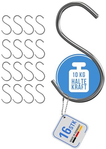 HOHAGE S Haken & Küchenhaken (16 Stk.) - starke & robuste S Haken Edelstahl Haken zum Einhängen - universell einsetzbar in Küche, Garten, Badezimmer oder für die Garderobe als Kleiderhaken