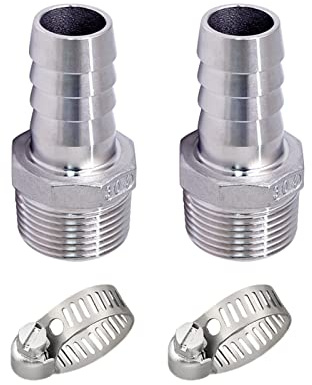 Pysrych Stainless Steel 304 Hose Barb Fitting, 1-1/4 Barbed x 1-1/4 NPT Male Straight Adapter Connector with 2 Hose Clamps, Pack of 2