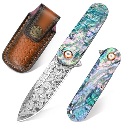 Zingbee Damast Taschenmesser Klappmesser, Hochwertig VG10 Damaststahl Klinge, EDC Damastmesser mit Abalone-Muschelgriff, Einhandmesser für Outdoor, Camping, Sammlung, Wandern, Jagd, Angeln
