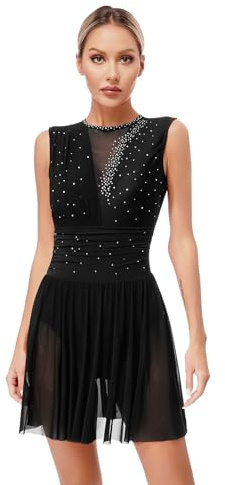 Nyeemya Vestido de Patinaje sobre Hielo Mujer sin Mangas Maillot Ballet con Falda de Gimnasia Rítmica Vestido Danza Contemporánea y Lírica Disfraz de Bailarina Negro A S
