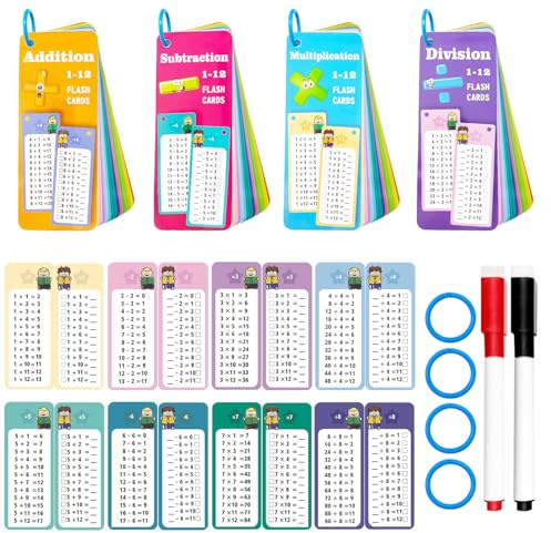 Anemeeoke 60Pack Multi Math Flash Cards, Addition Subtraction Multiplication Division Flashcard, with 2 Dry Erase Markers, 4 Rings, Educational Times Table Flashcards for Classroom Home