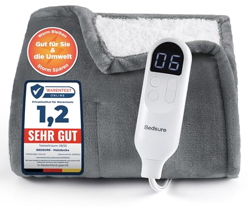 BEDSURE Heizdecke Wärmedecke Elektrische Kuscheldecke - Geschenke für Frauen - mit Abschaltautomatik, 6 Heizstufen & 10 Stunden Timer - bis zu 8 Stunden Überhitzungsschutz für Home & Office, Grau