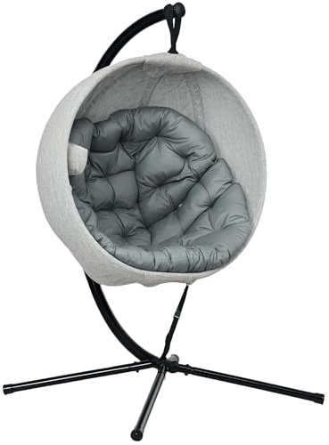 Outsunny Hanging Egg Chair Outdoor Indoor Garden Swing Chair with Folding Basket, Thickened Cushion, Cup Holder for Patio, Balcony, Grey