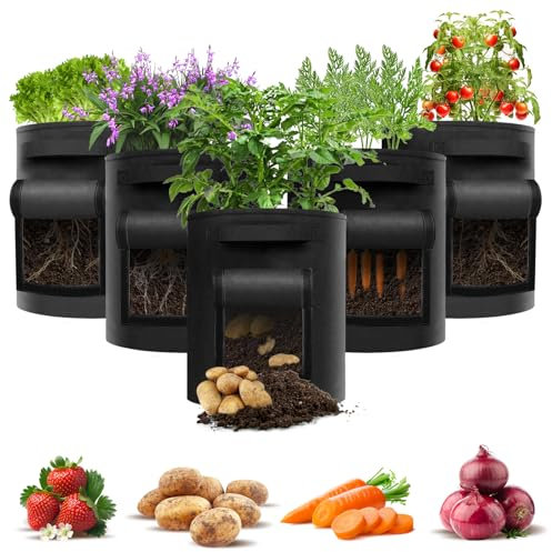 JNUYISW Sacchetti per Coltivazione di Patate, 5 Pezzi 43L Traspirante Sacchi per Piante con Finestre e Maniglie Grow Bag Grande Borse per Patate Feltro per Pomodori Fragole Fiori Piante Nero