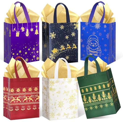 6Pack Christmas Bags for Gits Medium Size with Tissue Paper - Reusable Non-Woven Tote Bags with Handles - Perfect for Gift Wrap/Party Favor Supplies - 10.2 x 8.3 x 4