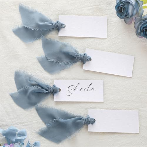 Humyoun 50 Pcs Name Place Cards for Table Setting Blank Wedding Place Cards with Chiffon Ribbon 1.57 x 3.54 Inch Hanging Gift Tags for Wedding Dinner Banquet Party Table Setting Supplies (Dusty Blue)