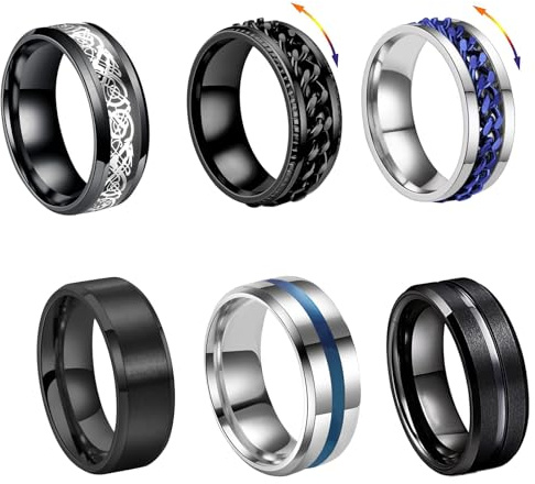 FOSLXIN 6 PCS Bague Hommes Acier Inoxydable, Argent Noir Tournante Chaîne Rock Bague, Bagues Argente Mat Poli Noeud Celtique Vintage Gothique Anneaux Mariage Promise Bande Anneau Taille (9)