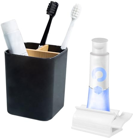 Zahnbürstenhalter mit 3 Kartenfächern Bambus Trennwänd Badezimmer Organizer Einstellbarer Zahnputzbecher Elektrische Zahnbürste Halter für Bad Büro Küche Familie, Schwarz