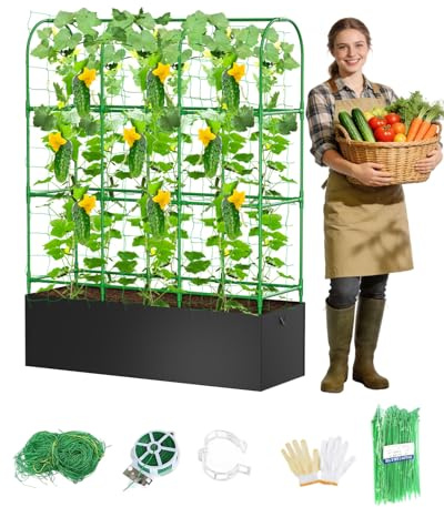 MQJIAZHI U-Shaped Garden Cucumber Trellis with Planting Bags, Adjustable Metal Arch Frame for Tomatoes Peas Pumpkins Climbing Plants, with Netting Clips Straps for Outdoor Use