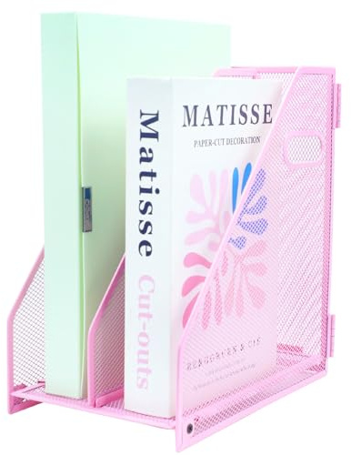 TSDRBWO Organizador de escritorio de metal para revistas con 2 compartimentos verticales, carpeta de escritorio, organizador de documentos para oficina en casa y aula, color rosa