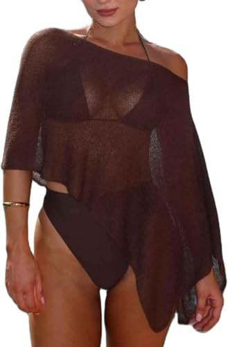 ensswliz Sheer Poncho for Women Asymmetric Knitted Crochet Lace Batwing Wrap Summer Lightweight One Shoulder Boho Beach Vacation Cover Up