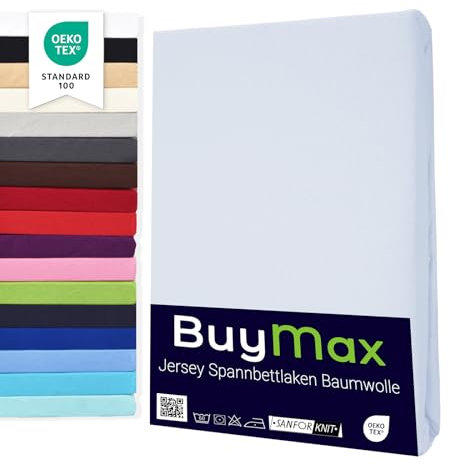 Buymax® Topper Spannbettlaken 140x200 cm Spannbetttuch 100% Baumwolle Jersey für Matratzentopper bis 12 cm Matratzenhöhe Bettlaken für Boxspringbett Topper, Weiß