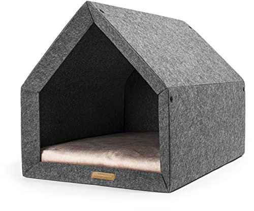 Rexproduct - PetHome Hundehütte mit Liegefläche und Dach I Biss- und Kratzfest I Gute Schalldämmung I Umweltfreundlich & Einfach zu Montieren I Größe S (60x42x43 cm) - Dunkelgrau und Rosa