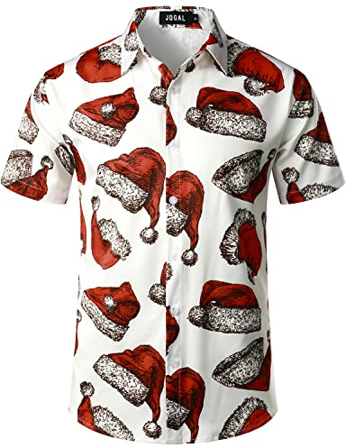 JOGAL Mens Fun Hawaiian Christmas Santa Claus Print Shirts Short Sleeve Casual Button Down Shirts White Red Medium
