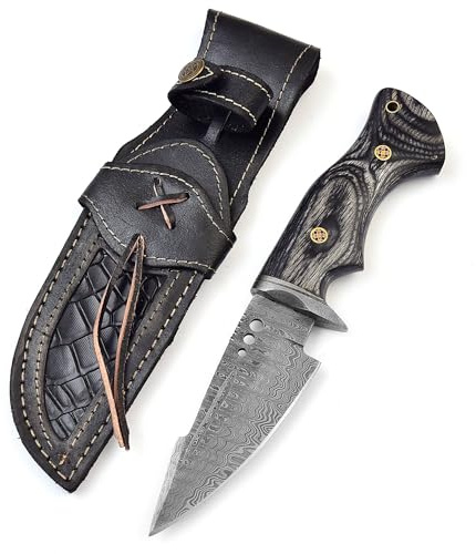 MOHID ENT Handmade Damascus hunting knife with Leather sheath Belt Loop - Fixed blade Survival knives for men - Razor Sharp Damascus Steel knives with Ergonomic Black wood handle