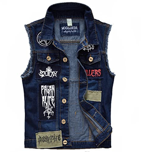 IFIKK Classique Vintage Hommes Jeans Gilet sans Manches Vestes Mode Patch Designs Punk Rock Style Déchiré Cowboy Effiloché Denim Gilet Réservoirs (St 1,L)