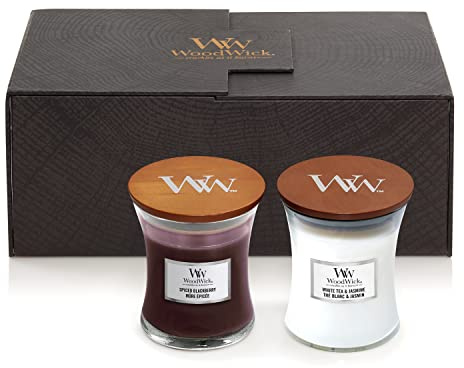 WoodWick candele profumate in confezione regalo | Candele profumate White Tea & Jasmine e Spiced Blackberry a ellisse con stoppino scoppiettante | Fino a 60 ore di durata ciascuna | 2 pezzi